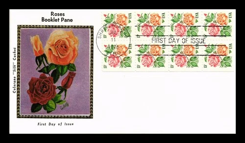 US COVER ROSE BOOKLET PANE FIRST DAY ISSUE COLORANO SILK CACHET
