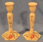 Pair of Fenton “Sweet Harvest” Candlesticks, Satin Glass, Hand Painted, 8 1/4"