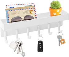 Key Holder Wall Mount Compact Adhesive Key Rack with Tray, 6 Hooks