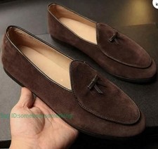 Men's Suede Leather Slippers Loafers Slip on Bowtie Belgian Dress Shoes Business