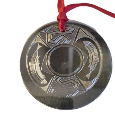 Salish West Coast Salmon Ornament Silver Tone Circle Etched Fish Red Ribbon