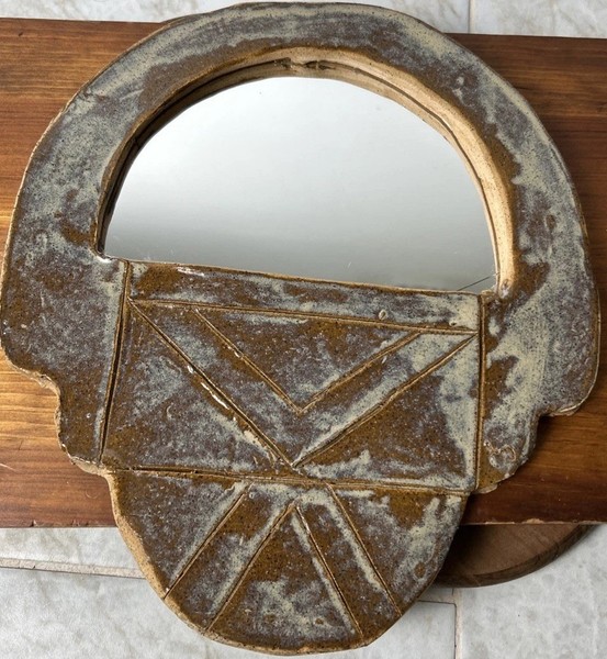 Vintage 1970s Studio Pottery Wall Mirror Stoneware Brutalist Geometric MCM Decor