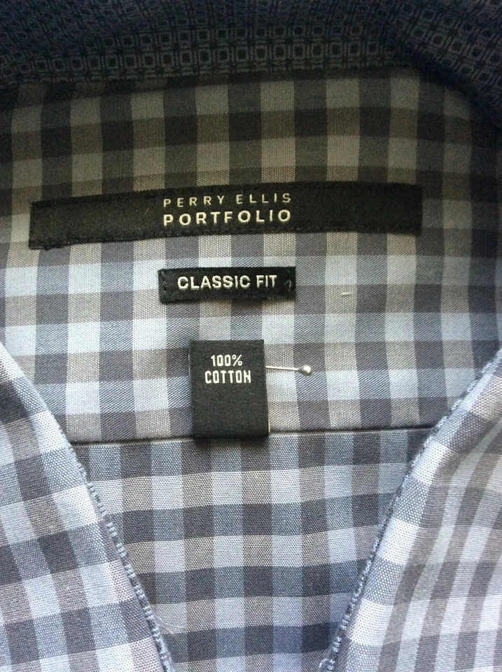 CAMISA DE VESTIR NUEVA CON ETIQUETAS PERRY ELLIS PORTAFOLIO S/C SIN ARRUGAS AZUL/GRIS CUADROS 15 32/33 Foto 2 de 4