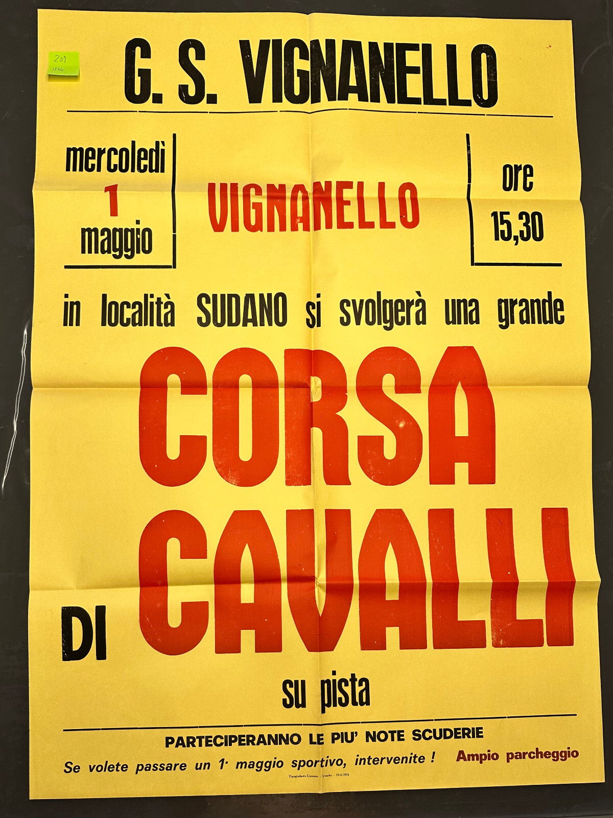 209 Manifesto pubblicità Vignanello 1974 corsa cavalli su pista 70x100 Viterbo