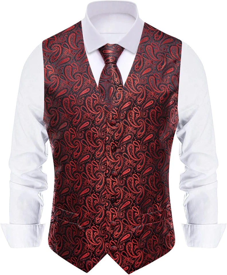Hi-Tie Men'S Suit Vest and Tie Set Formal Waistcoat V-Neck Paisley Vest and Tie  - Image 2 of 4