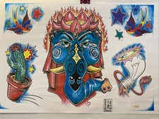 Vintage 2000 Wall Art Tattoo Flash Sheet By Christine Bilbao Cactus Light Bird