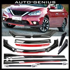 For Nissan Sentra Front Bumper Lip Spoiler Body Kit+Side Skirt Glossy blk+Rd