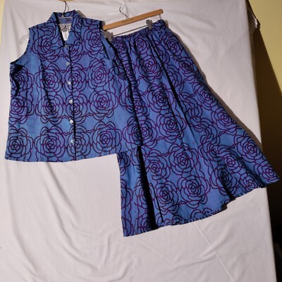 Flax Linen Floral Tank Top and Tie Back Skirt (2 Piece) NWT Blue Purple Sz M