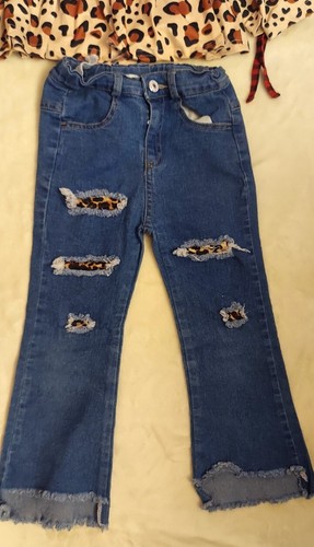 Boutique Girls Shirt/Pants Outfit Buffalo Plaid & Cheetah Peace Denim XL 5-6 T - Picture 4 of 11