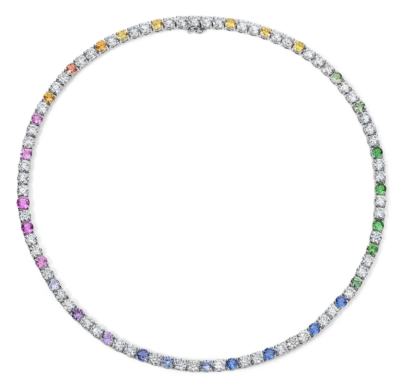25ct Round Multi-Color Simulated Sapphire Tennis Necklace in 14K White Gold Plated
