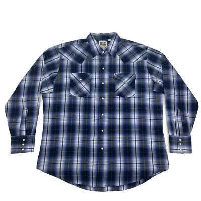 Ely Cattleman Shirt Mens XL Blue White Plaid Western Pearl Snap Long Sleeve