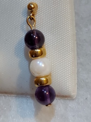 14k Yellow Gold /Purple Amethyst/ Pearls - 1 1/4 in - Dangle Pierced Earrings - Picture 3 of 6