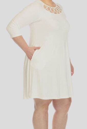 White Mark Women's White Crisscross Round Neck 3/4 Sleeve Dress Plus Size 3XL - Picture 2 of 3