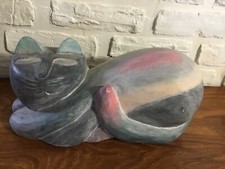 Wood Carved Sculpture of Cat in Pastel Colors Large