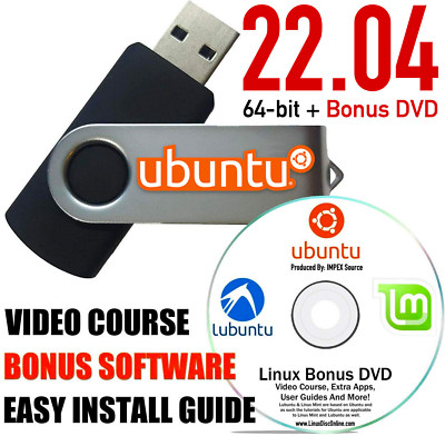 Ubuntu Linux 22.04 Jammy Jellyfish Linux USB 16 GB With BONUS DVD Disc