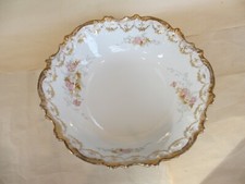 FINE Limoges Elite 10" Serving Bowl Pink WHITE Floral Spray W/Gold LEAF Rim