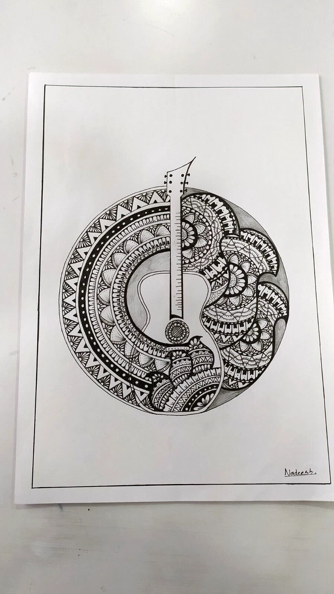 Hand Drawing Art Music Guitar Art Mandala Art Pen Drawing Art Design A4  Sheet