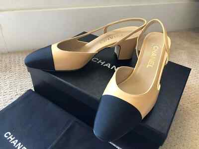New Size 36.5 Chanel Beige/Black Goatskin Cap Toe Slingback Pumps