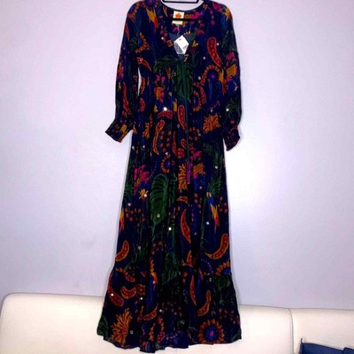 Farm Rio Navy Tropical Tapestry long sleeve Maxi Dress xs new with tags