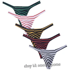 Men's 5-Pack Cotton Pouch Thong Underwear Sexy Low Rise T-Back Striped Jockstrap