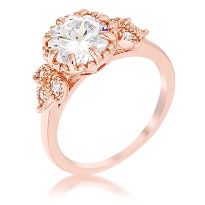 Engagement Ring 2Ct Rose Gold Plated Round Cut CZ Trio Laurel Leaf