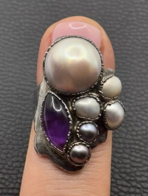 Vintage Sterling Silver 925 Mobe White Grey Pearl/Cabochon Amethyst Ring Sz 5.75