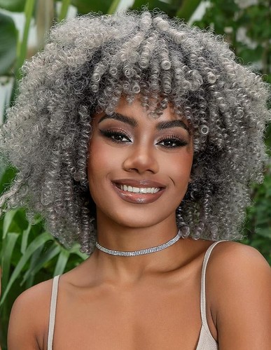Fallea Short Curly Afro Bomb Wig ombre black grey bouncy tight kinky curl woman - Picture 17 of 18