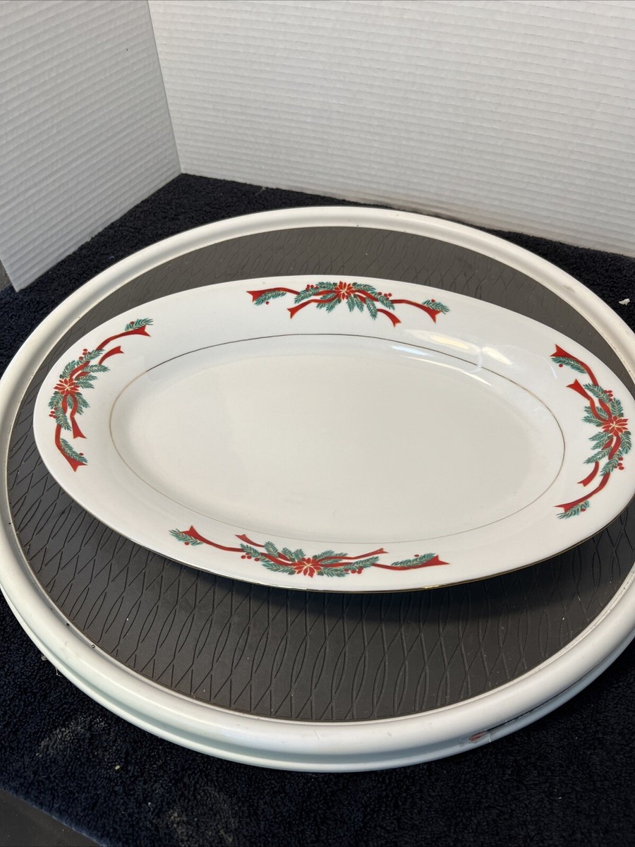Poinsettia Ribbons Fine China Ceramic Christmas Serving Platter 14”