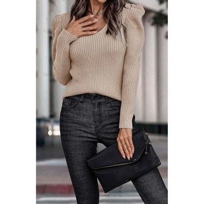NWT Womens Puff Sleeve V Neck Tan Ribbed Knit Sweater Pullover Top Chic Small