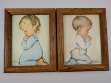 Vintage Boy Girl Praying "Bless Us All" Framed Wall Art Set 9.5 x 7.5"