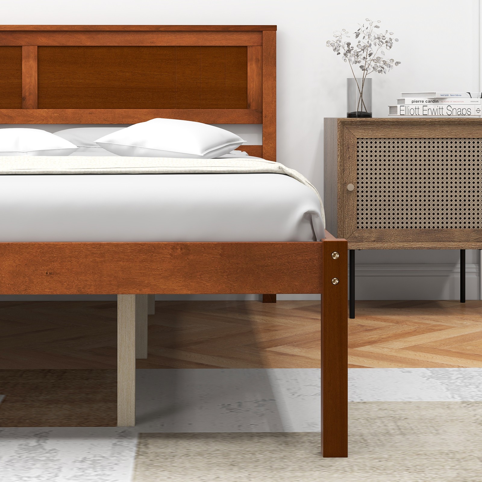 Queen Size Wooden Platform Bed Frame w/ Headboard Mattress Foundation Walnut