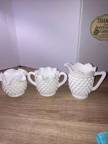 3 Piece Hobnail Milk Glass Set Sugar Bowl Creamer Pitcher Vintage Mid Century