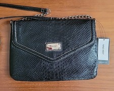 NWT $49 Nine West Black Gator Shoulder Bag Chain Strap Silver Hdware Pockets