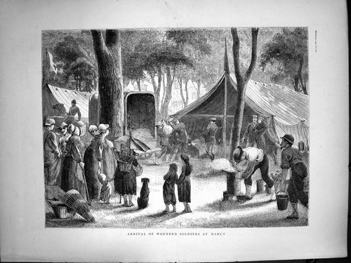 Original Old Antique Print Arrival Wounded Siers Nancy Carried Into Tent 1870