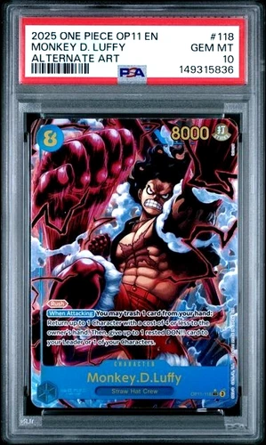 ONE PIECE MONKEY D. LUFFY 2025 OP11-A FIST OF DIVINE SPEED #118 ALT ART PSA 10