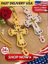 2pcs Orthodox Pectoral Cross Jesus Christ Priest Bishop Blue Crystal Pendant