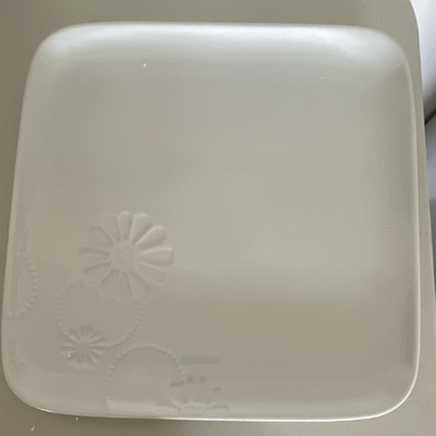 PH Home Marissa Square White Ceramic Plate Floral Embossed, Microwave Safe