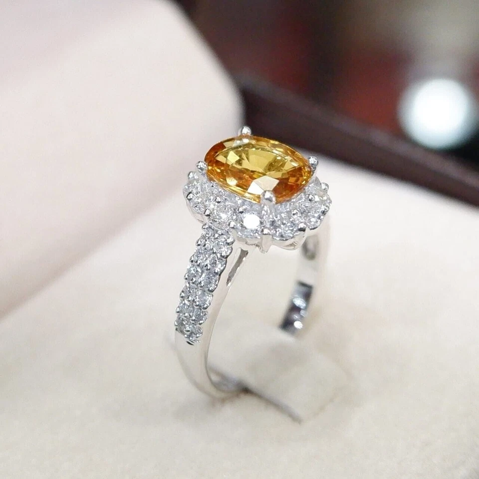 Anillo de diamantes de zafiro amarillo natural de 3 quilates de oro blanco... - Imagen 3 de 4