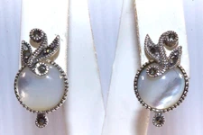 Gorgeous Vintage Sterling Silver Marcasite & Mother Of Pearl Earrings 925 6g