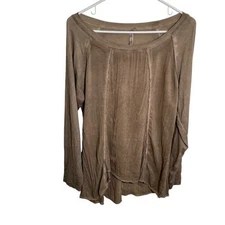 Monoreno Women’s Size Medium Mixed Media T-Shirt Beige Long Sleeve Boatneck