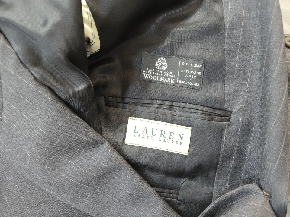 Ralph Lauren Suit Mens 40S Pants 34x29 Gray Striped Full Vintage Wool - Image 3 of 4