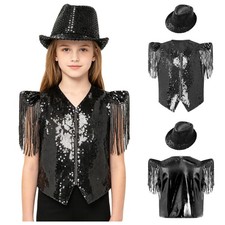 US Children's Hip Hop Dance Outfits Sequin Fringe V Neck Zip Up Vest with Hat