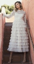 Mac Duggal 8003 White Pearl Tiered Ruffle Embroidered Lace Dress Sz 4 NEW $498