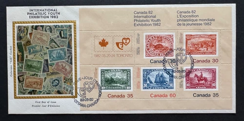 AtoZ. Canada 1982 FDC Stamp Expo Sheet Colorano Silk Cachet Ship Beaver Horse