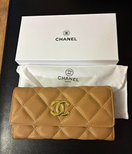CHANEL Women s Brown Solid CC Logo Quilted Folding Checkbook Wallet