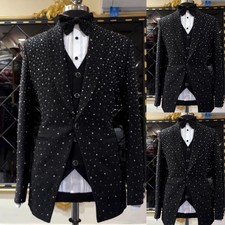 Beaded Men's Suits 3Pcs Luxury Rhinestone Shawl Lapel Black Slim Fit Jacket