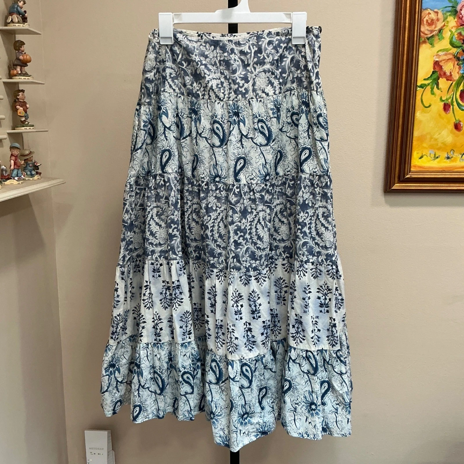 Lauren Ralph Lauren Maxi Skirt Blue White Floral Tiered Boho Woodblock Print