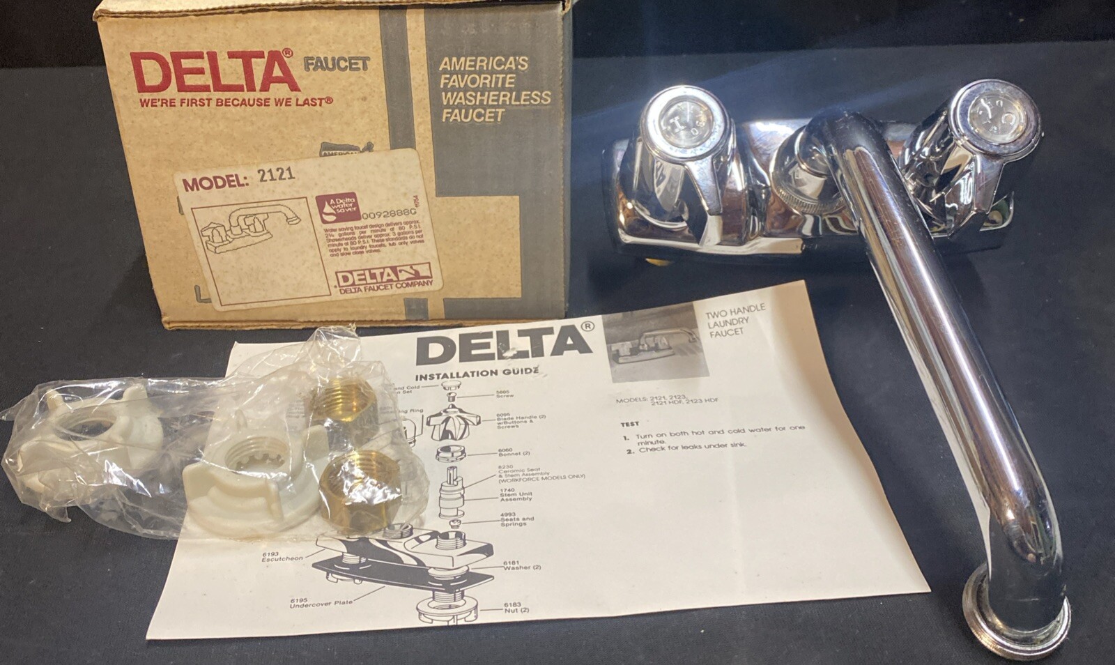 Laundry Faucet  Chrome Delta 2121  Classic Double Handle NOS Unused