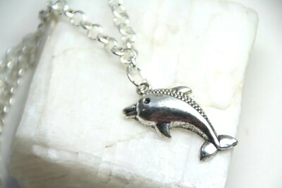 Dolphin Charm Silver Pewter Pendant Stainless Steel Chain Necklace 18'' Ocean