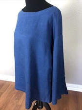 Eileen Fisher $168 NWOT XL Organic Linen Slit Bell Sleeve Boat Neck Blouse Blue